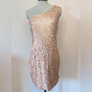AUW Rose Gold Sequin One Shoulder Mini Dress, Size Medium (Juniors)